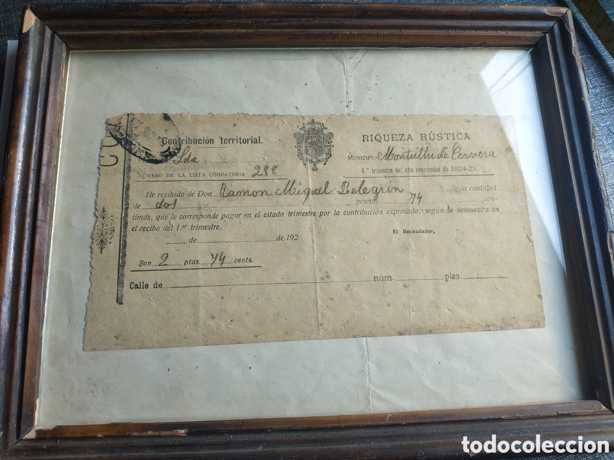 Otros art&iacute;culos de coleccionismo en papel: recibo de Contribuci&oacute;n Enmarcado.