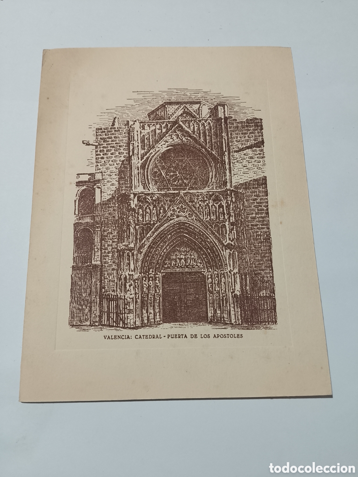 Otros art&iacute;culos de coleccionismo en papel: Tarjeta Grabado Catedral Valencia Puerta de los Ap&oacute;stoles