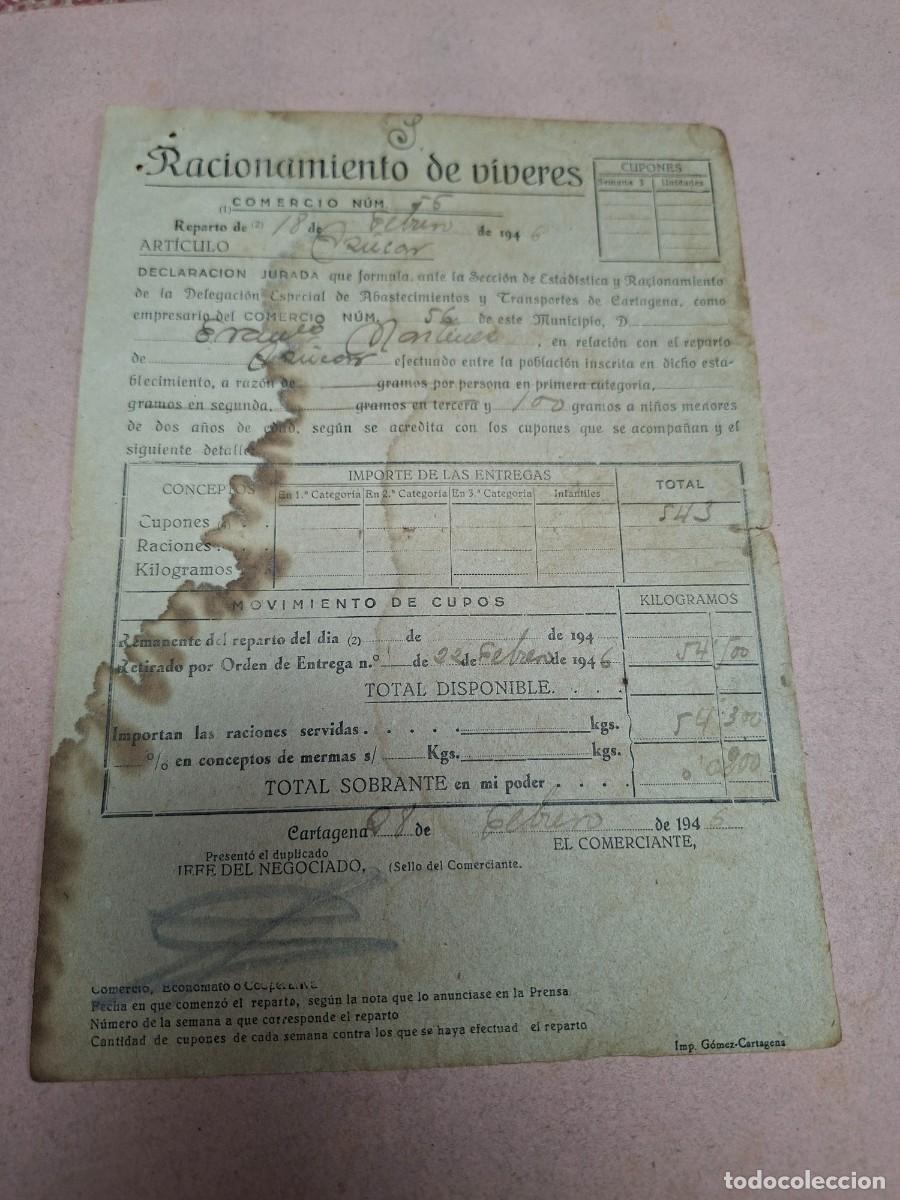 Otros art&iacute;culos de coleccionismo en papel: RACIONAMIENTO DE VIVERES AZUCAR FRANQUISMO CARTAGENA MURCIA A&Ntilde;OS 40