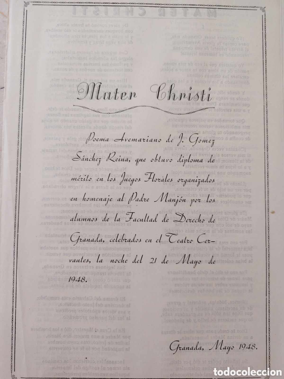 Otros art&iacute;culos de coleccionismo en papel: Mater Christi. Poema de G&oacute;mez S&aacute;nchez Reina al padre Manjon. 1948.