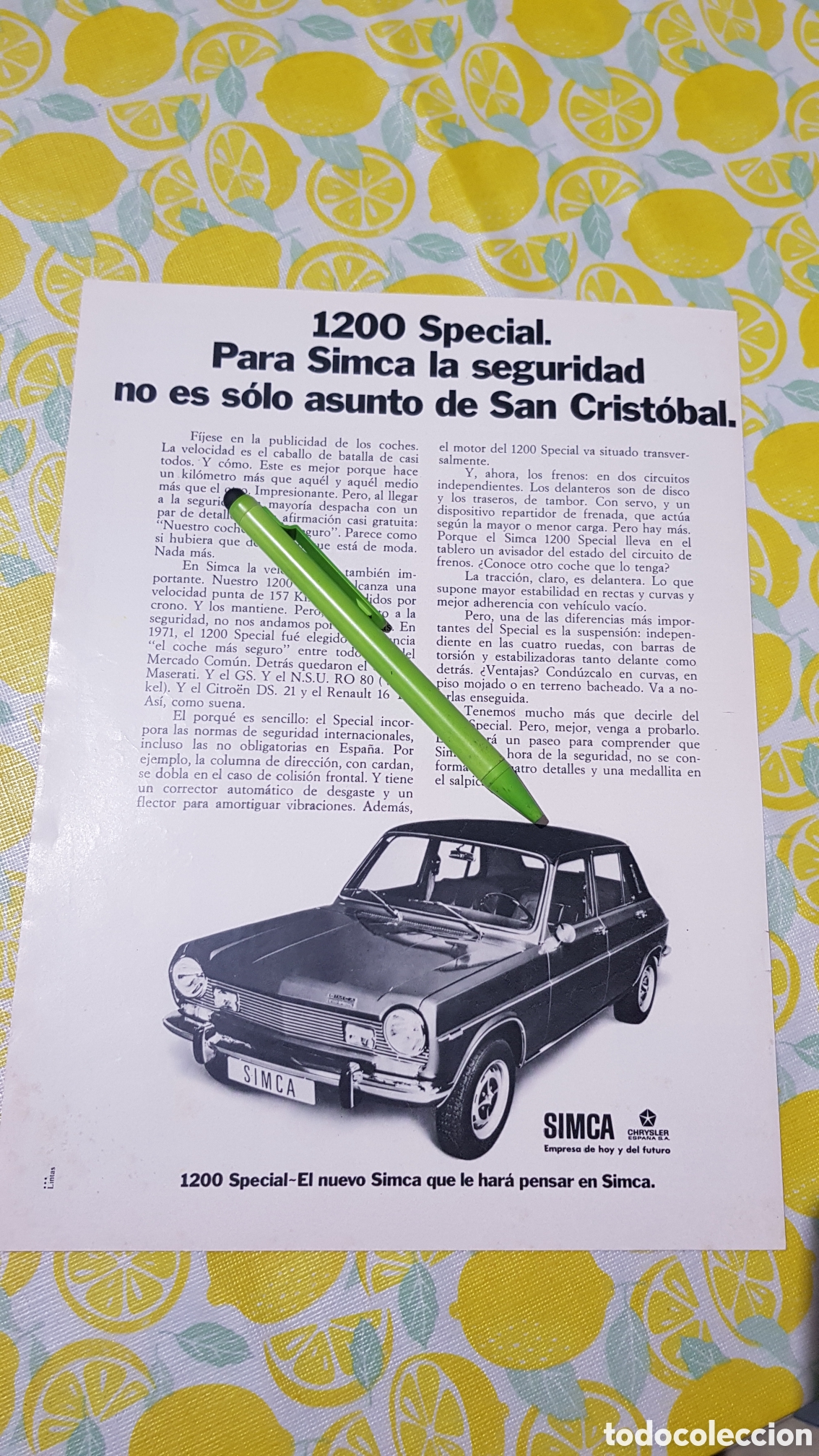 Otros art&iacute;culos de coleccionismo en papel: Hoja para enmarcar Simca 1200 Special
