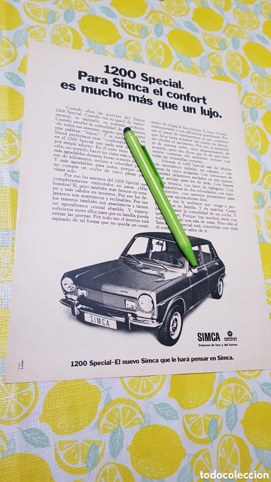Otros art&iacute;culos de coleccionismo en papel: Hoja para enmarcar Simca 1200