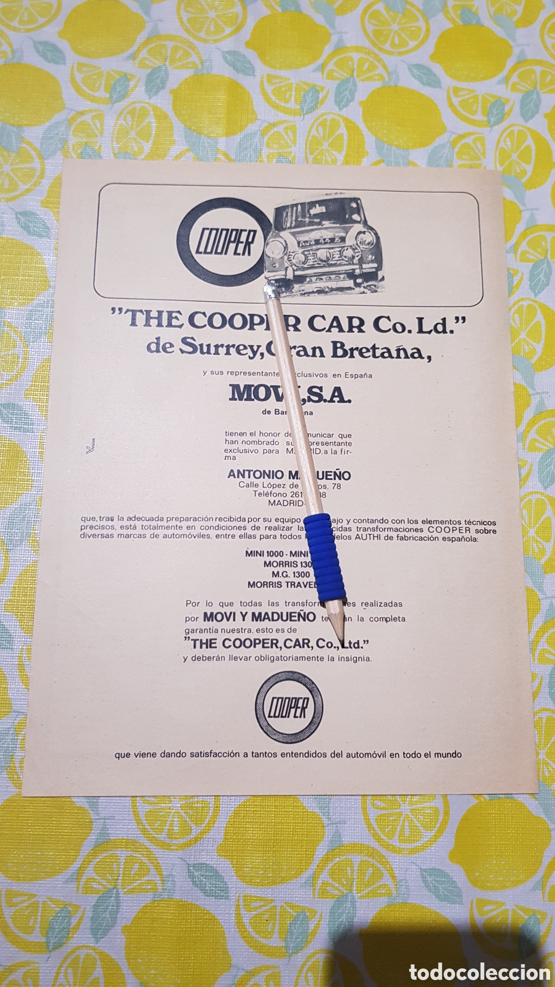 Otros art&iacute;culos de coleccionismo en papel: Hoja para enmarcar Mini Cooper