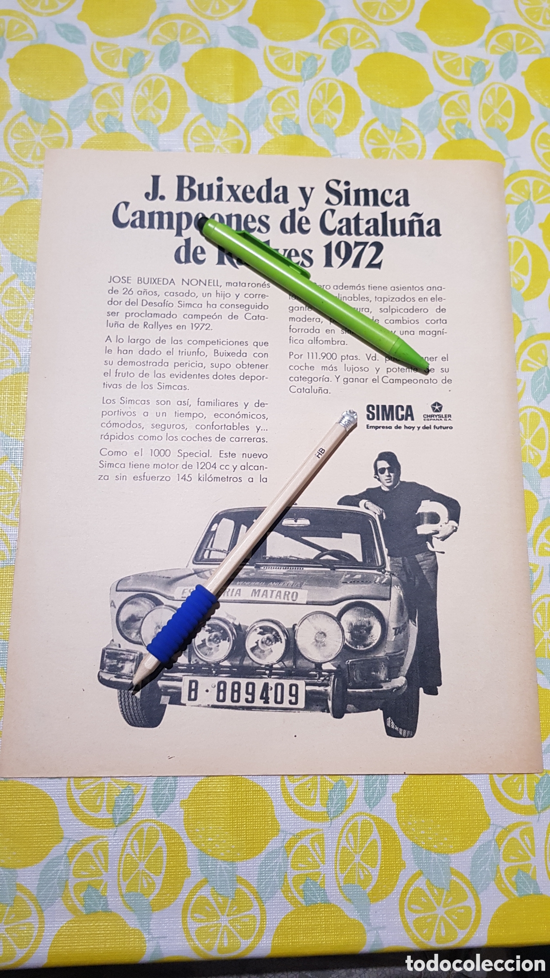 Otros art&iacute;culos de coleccionismo en papel: Hoja para enmarcar Simca 1000 rallye