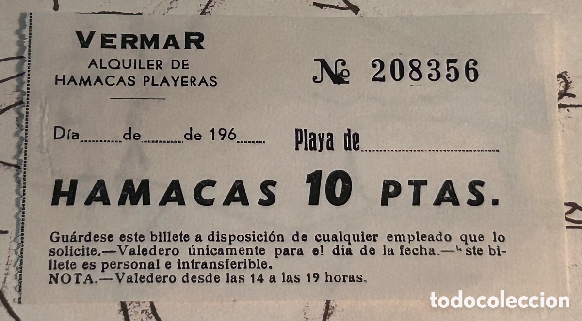 Otros art&iacute;culos de coleccionismo en papel: TICKET ALQUILER DE HAMACAS PLAYERAS. VERMAR. 10 PTAS. A&Ntilde;OS 60