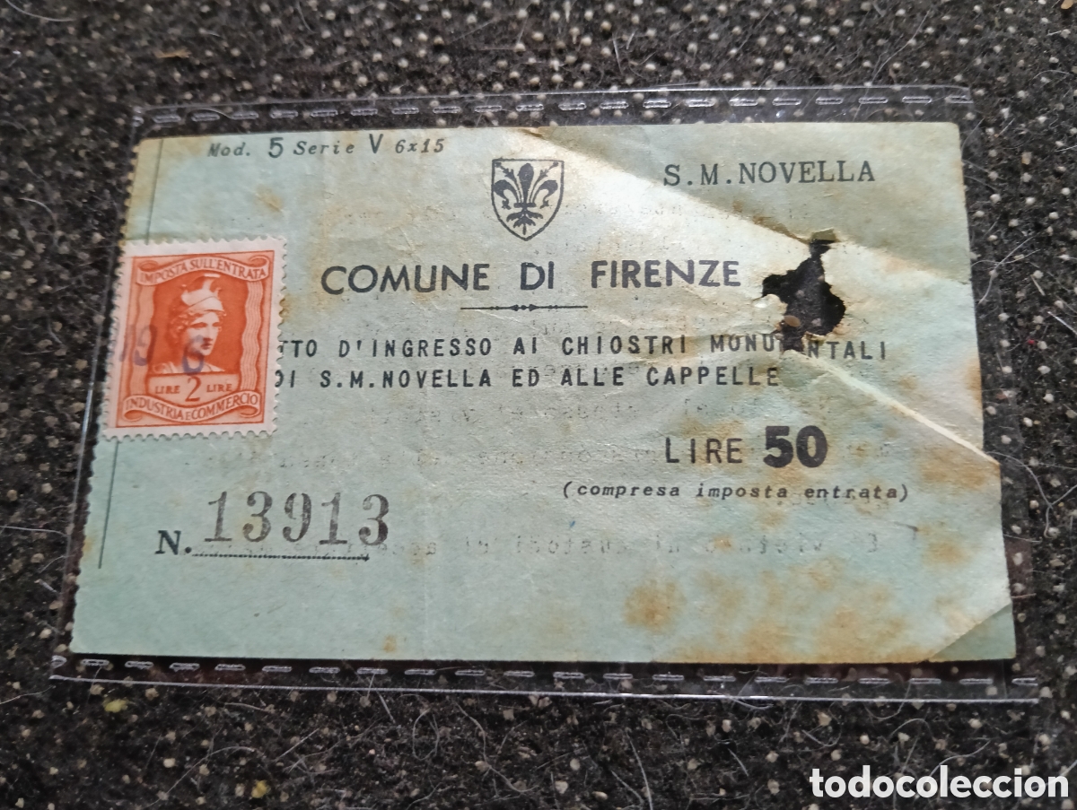 Otros art&iacute;culos de coleccionismo en papel: Boleto de entrada antiguo de 50 liras para los claustros monumentales y capillas de Santa Maria Nove