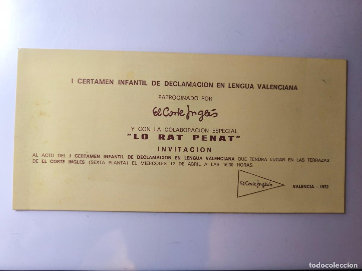 Otros art&iacute;culos de coleccionismo en papel: Invitaci&oacute;n I Certamen Infantil Declamaci&oacute;n en Lengua Valenciana El Corte Ingl&eacute;s y Lo Rat Penat 1972