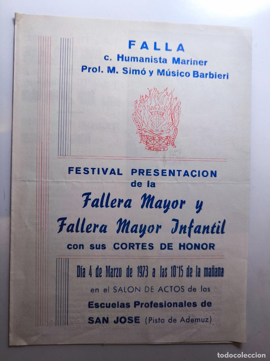 Otros art&iacute;culos de coleccionismo en papel: Antiguo programa presentaci&oacute;n Falleras Mayores &ndash; Falla Humanista Mariner &ndash; Valencia 1973