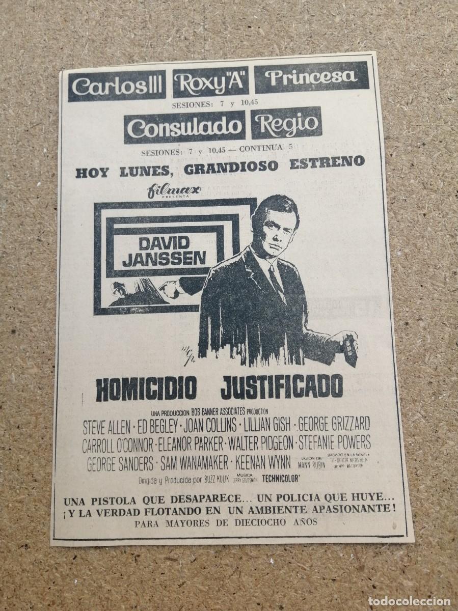Otros art&iacute;culos de coleccionismo en papel: ANUNCIO CINE. HOMICIDIO JUSTIFICADO (DAVID JANSSEN - JOAN COLLINS - ELEANOR PARKER - GEORGE SANDERS)