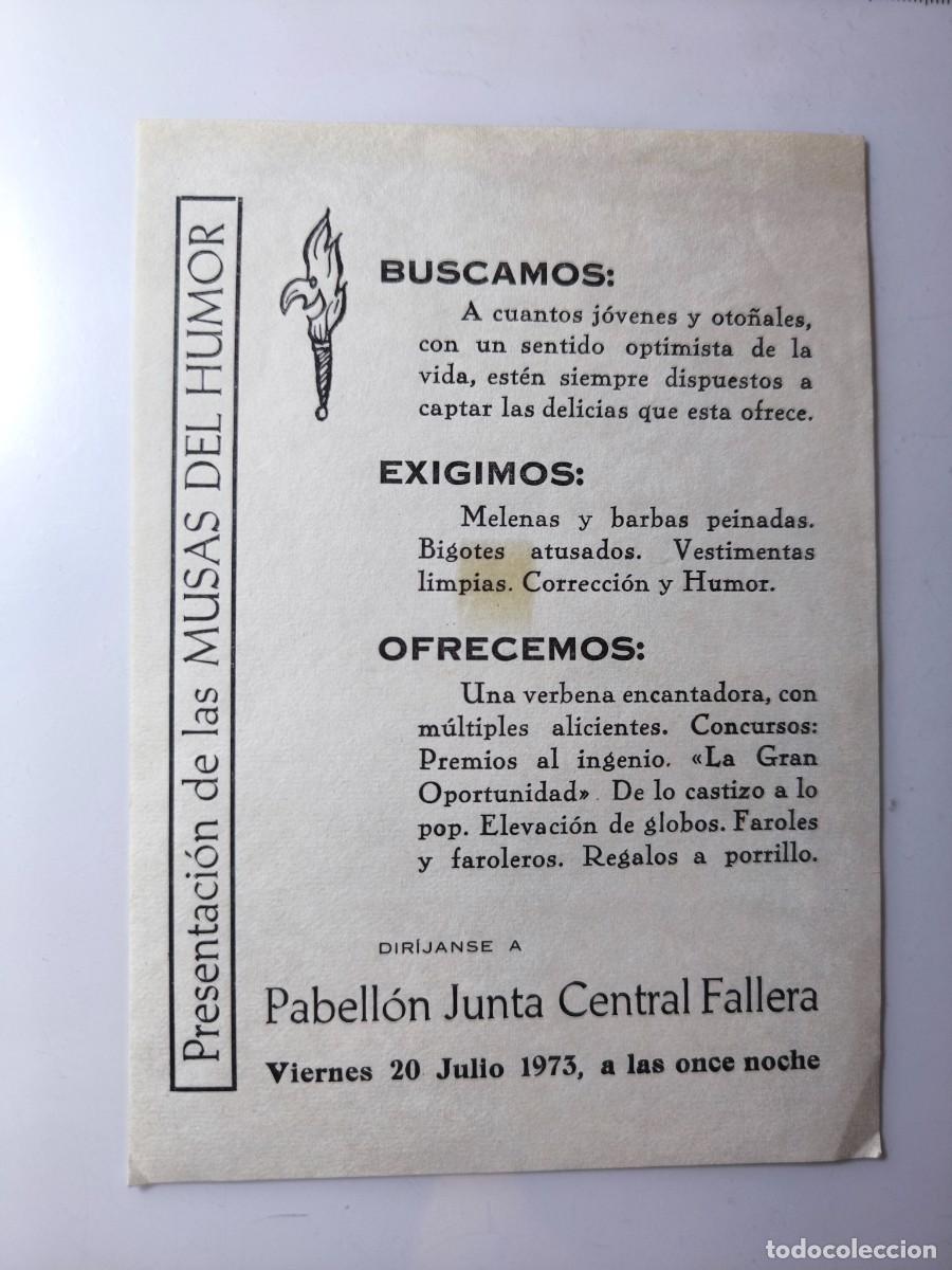Otros art&iacute;culos de coleccionismo en papel: Antigua hoja anunciadora Presentaci&oacute;n de las Musas del Humor &ndash; Junta Central Fallera &ndash; Valencia 1973