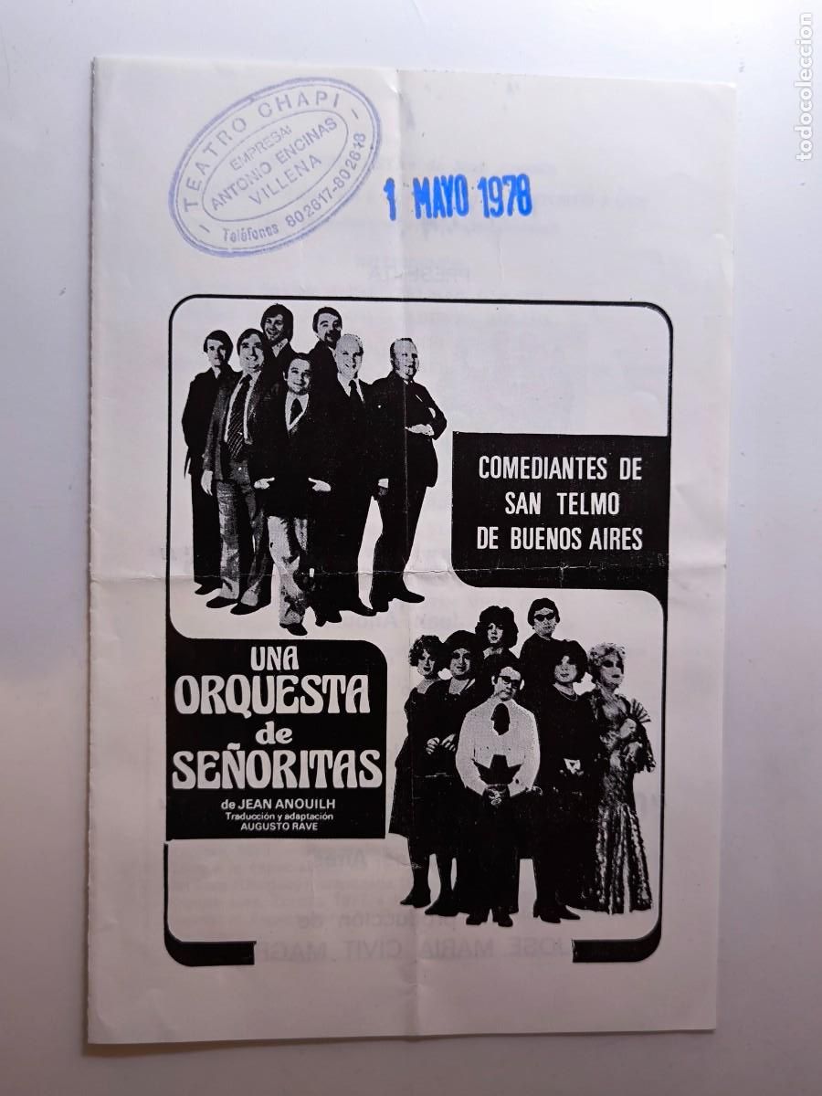 Otros art&iacute;culos de coleccionismo en papel: programa teatral Comediantes de San Telmo Una orquesta de se&ntilde;oritas de Jean Anouilh Teatro Chapi