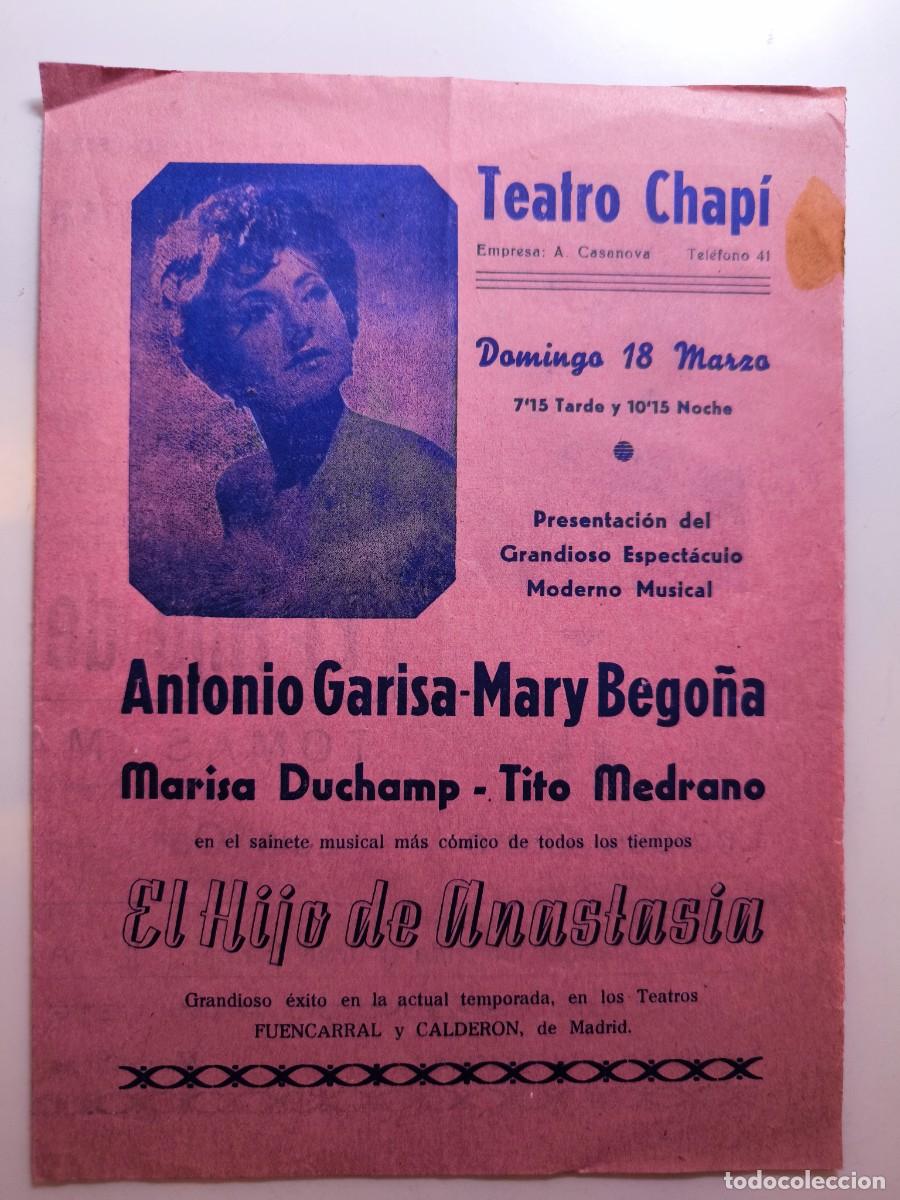 Otros art&iacute;culos de coleccionismo en papel: Programa teatral Antonio Garisa y Mary Bego&ntilde;a &ndash; &ldquo;El Hijo de Anastasia&rdquo; &ndash; Teatro Chap&iacute; Villena 1962