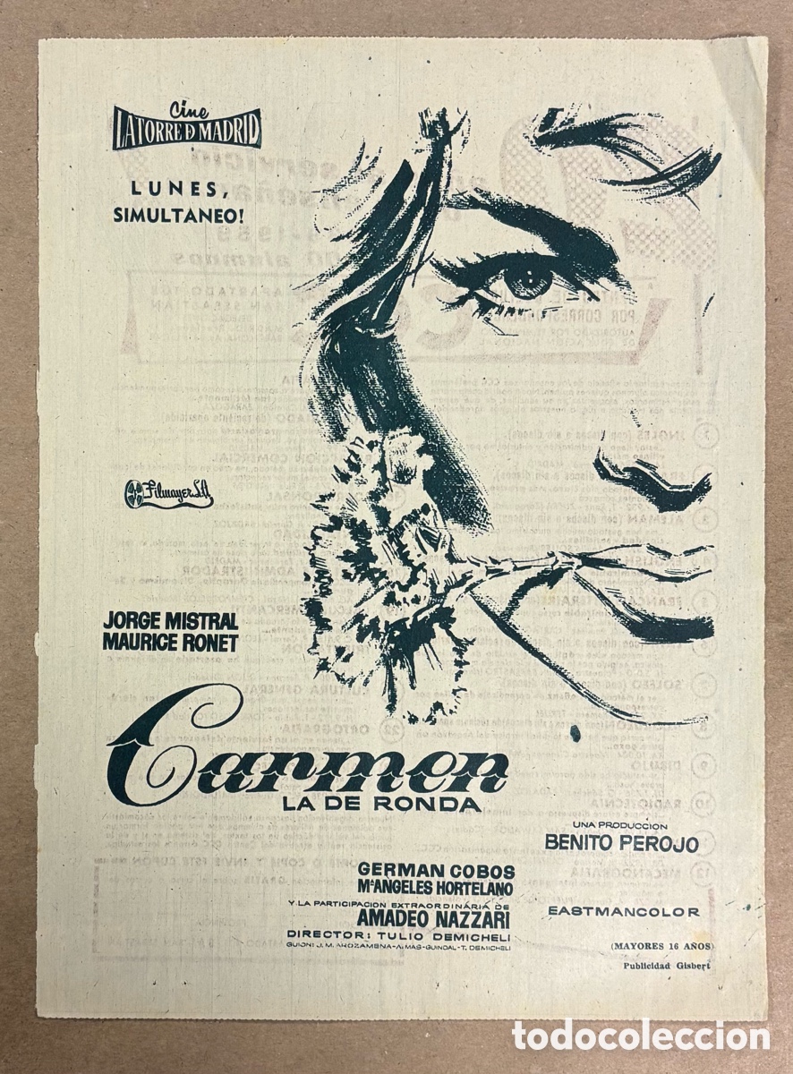 Otros art&iacute;culos de coleccionismo en papel: CARMEN LA DE RONDA (SARA MONTIEL). CARTEL PUBLICITARIO PERI&Oacute;DICO ABC DE 1959..CINE LATORRE MADRID