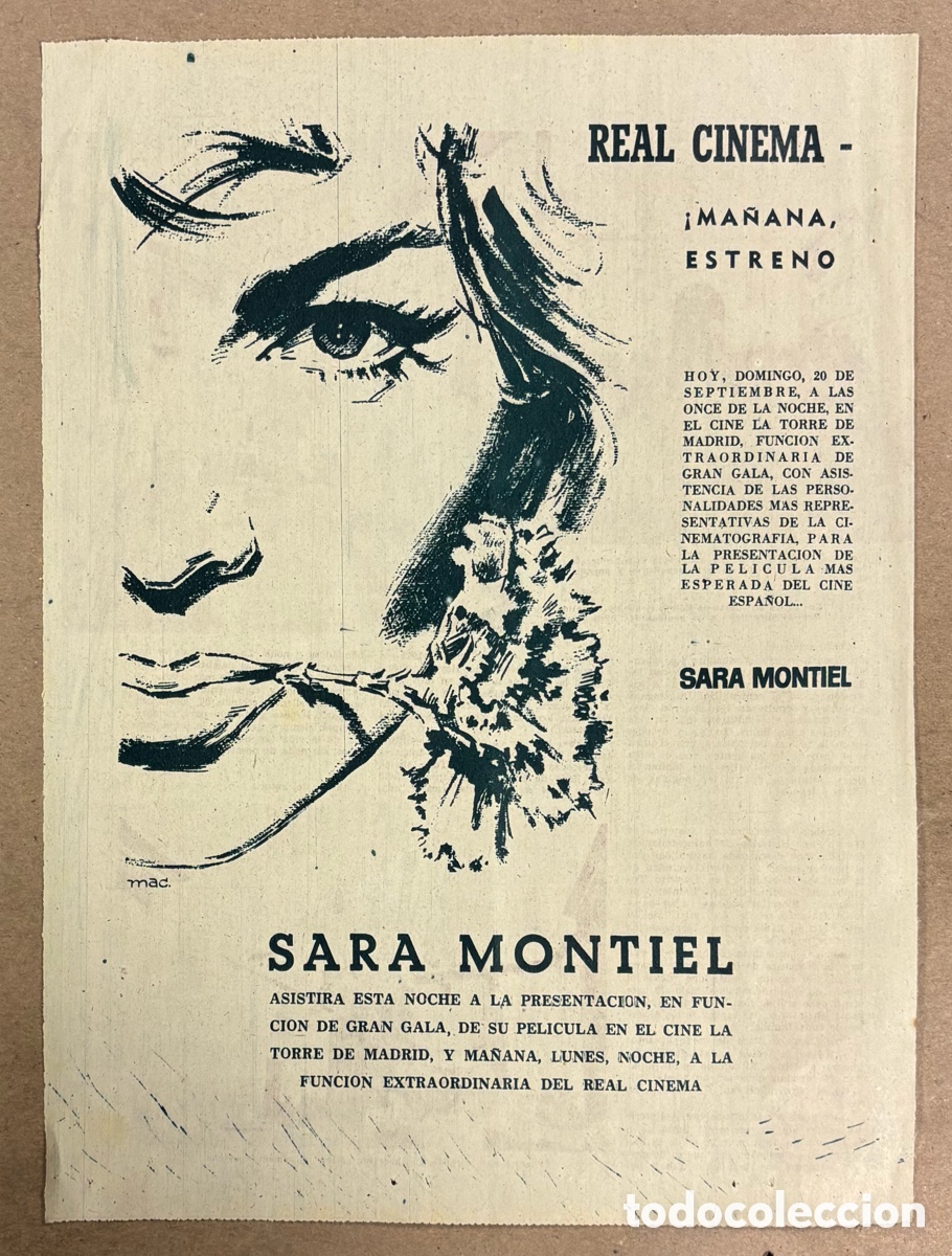 Otros art&iacute;culos de coleccionismo en papel: CARMEN LA DE RONDA (SARA MONTIEL). CARTEL PUBLICITARIO PERI&Oacute;DICO ABC DE 1959..REAL CINEMA.