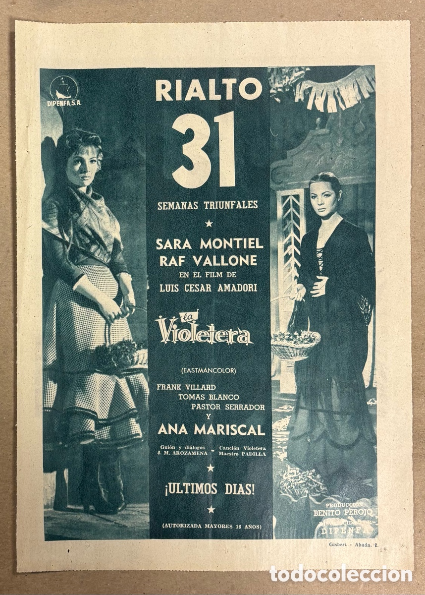 Otros art&iacute;culos de coleccionismo en papel: LA VIOLETERA (SARA MONTIEL, ANA MARISCAL). CARTEL PUBLICITARIO PERI&Oacute;DICO ABC DE 1958..