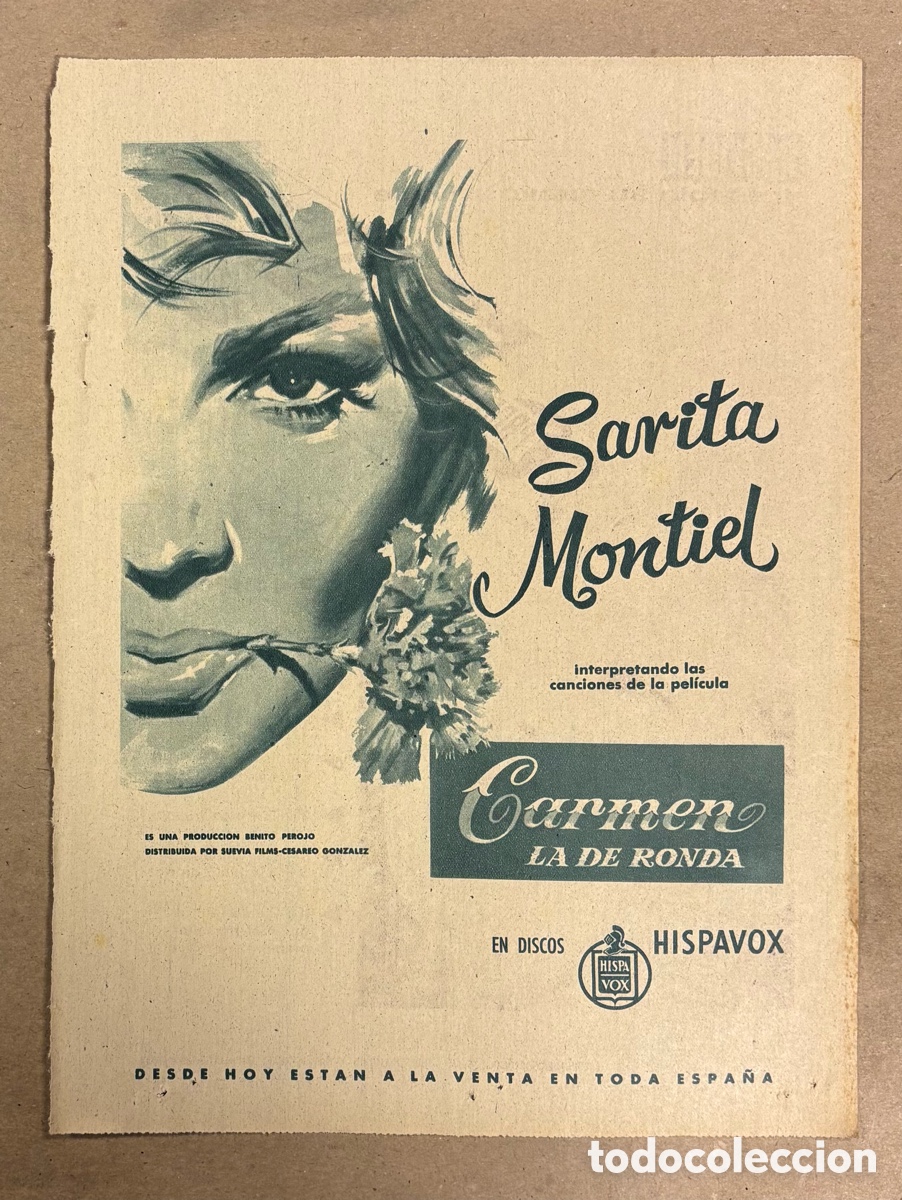 Otros art&iacute;culos de coleccionismo en papel: CARMEN LA DE RONDA (SARA MONTIEL). CARTEL PUBLICITARIO BANDA SOMORA PERI&Oacute;DICO ABC DE 1959..