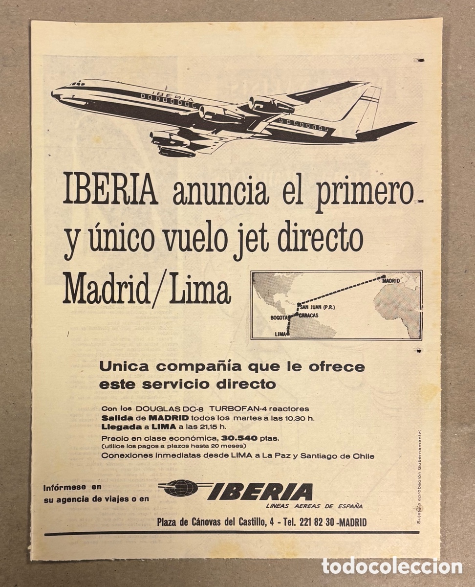 Otros art&iacute;culos de coleccionismo en papel: PRIMER VUELO MADRID - LIMA IBERIA. ANUNCIO PUBLICITARIO PERI&Oacute;DICO ABC DE 1960.