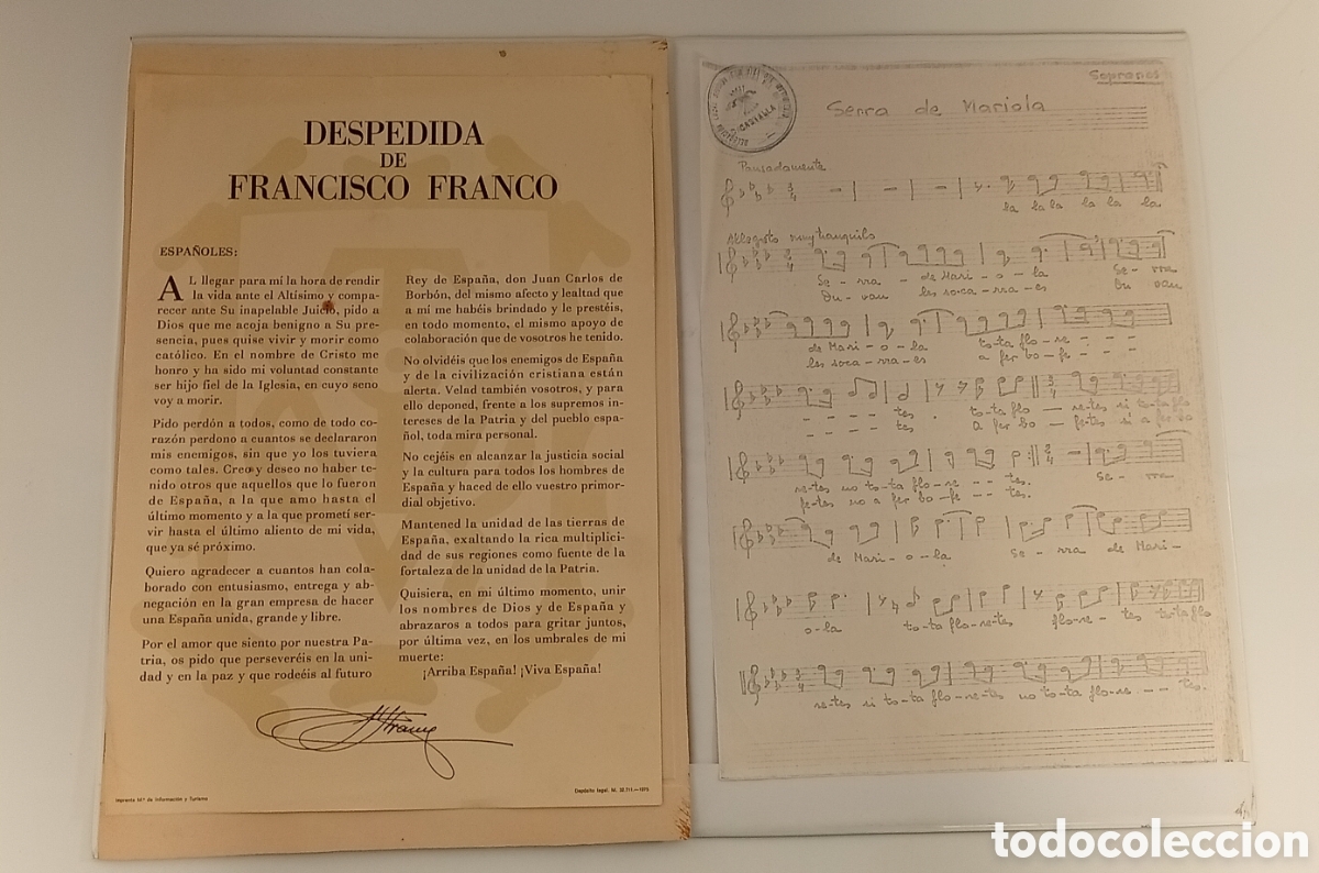 Otros art&iacute;culos de coleccionismo en papel: .DESPEDIDA DE FRANCISCO FRANCO Y NOTAS MUSICALES