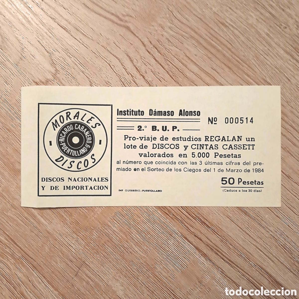 Otros art&iacute;culos de coleccionismo en papel: Papeleta de rifa / participaci&oacute;n ben&eacute;fica, 1984