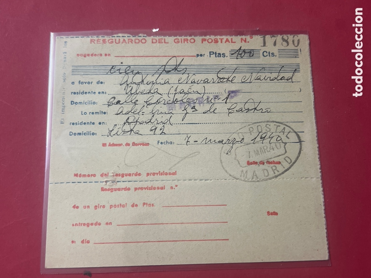 Otros art&iacute;culos de coleccionismo en papel: L860/5. RESGUARDO GIRO POSTAL MADRID 1940
