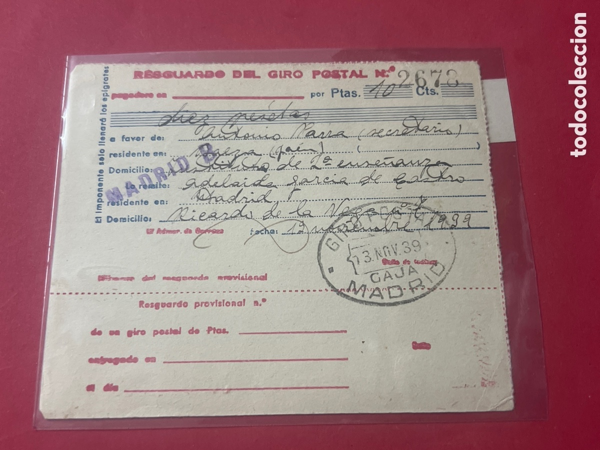 Otros art&iacute;culos de coleccionismo en papel: L860/6. RESGUARDO GIRO POSTAL MADRID 1939