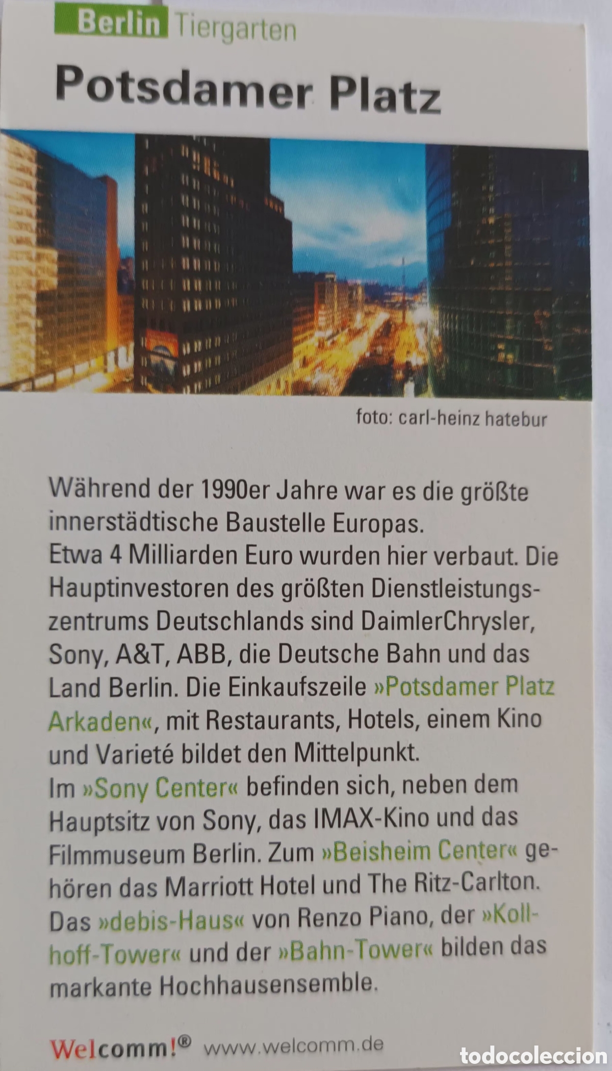 Otros art&iacute;culos de coleccionismo en papel: TARJETA INFORMATIVA POTSDAMER PLATZ. BERLIN