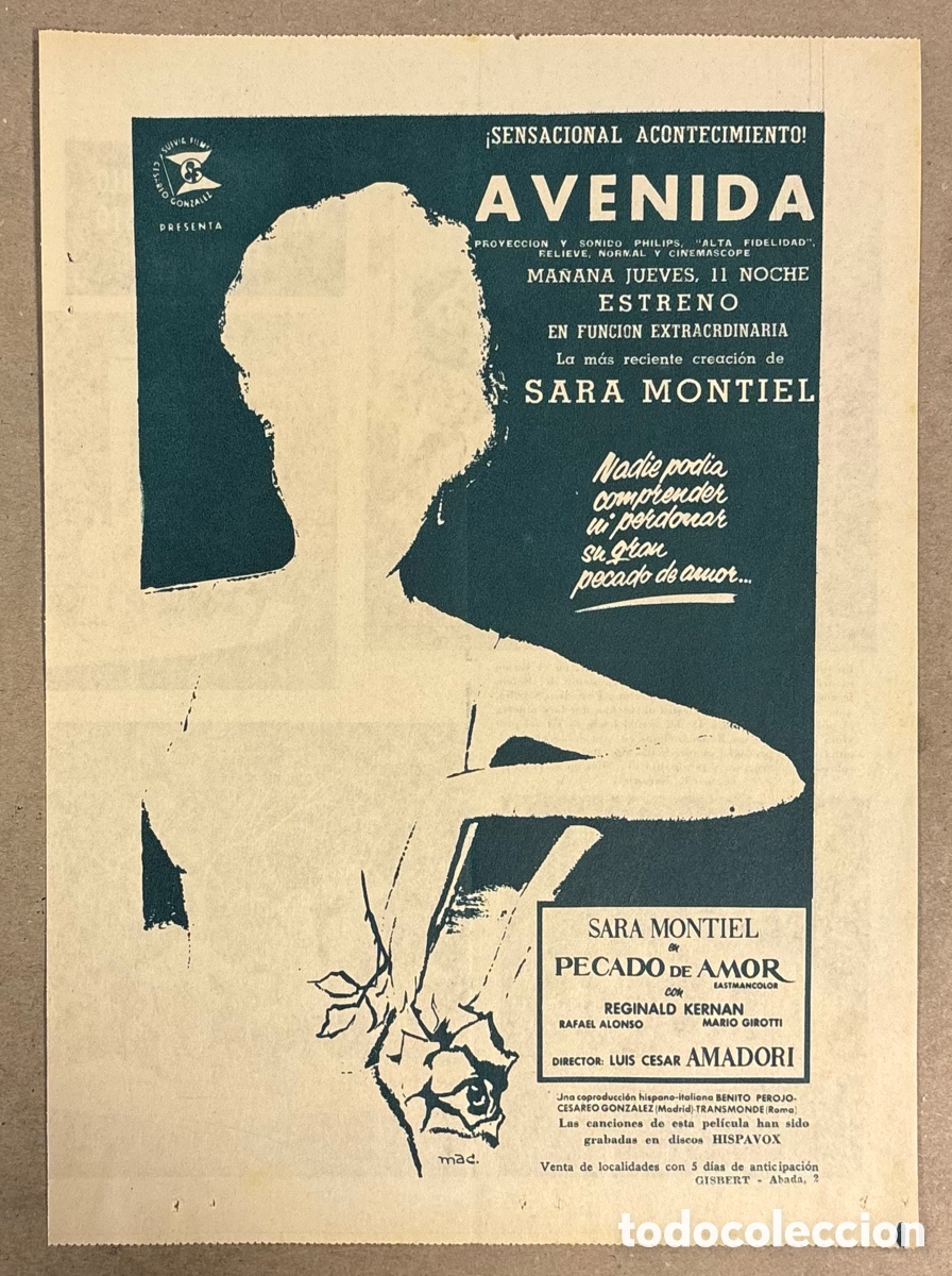 Otros art&iacute;culos de coleccionismo en papel: PECADO DE AMOR (SARA MONTIEL). CARTEL PUBLICITARIO PEL&Iacute;CULA PERI&Oacute;DICO ABC DE 1961.
