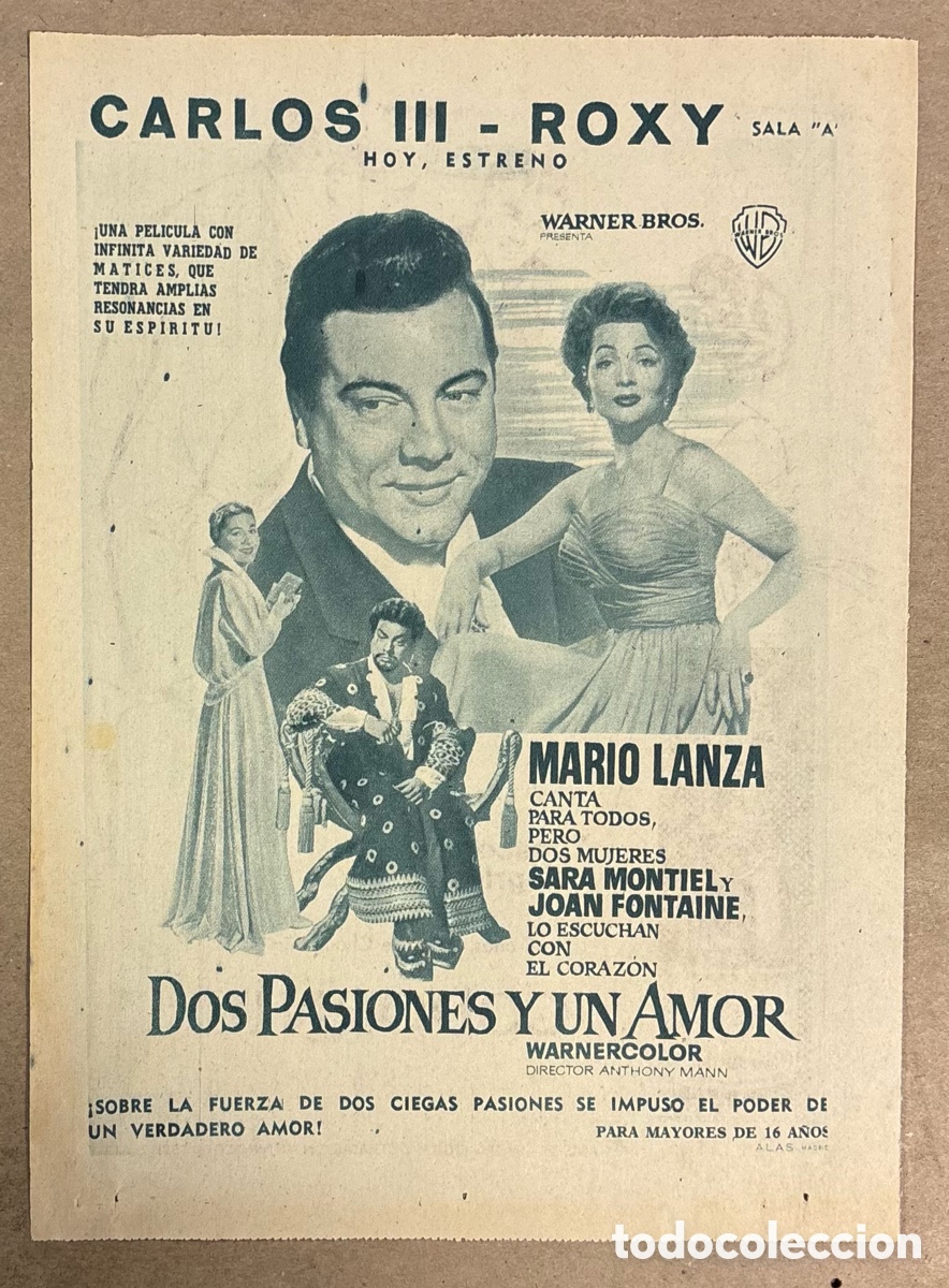 Otros art&iacute;culos de coleccionismo en papel: DOS PASIONESY UN AMOR (SARA MONTIEL). CARTEL PUBLICITARIO PERI&Oacute;DICO ABC 1956. CARLOS III - ROXY.