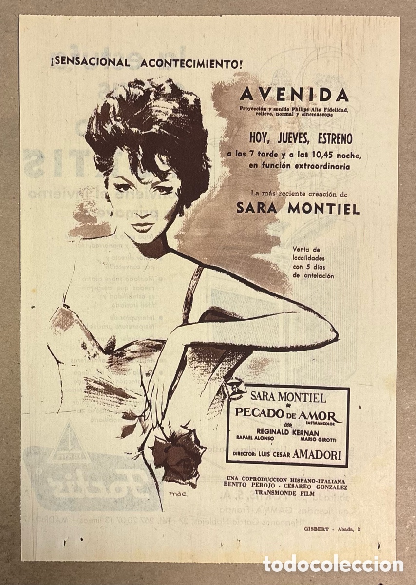 Otros art&iacute;culos de coleccionismo en papel: PECADO DE AMOR (SARA MONTIEL). CARTEL PUBLICITARIO BANDA SONORA PERI&Oacute;DICO ABC DE 1961
