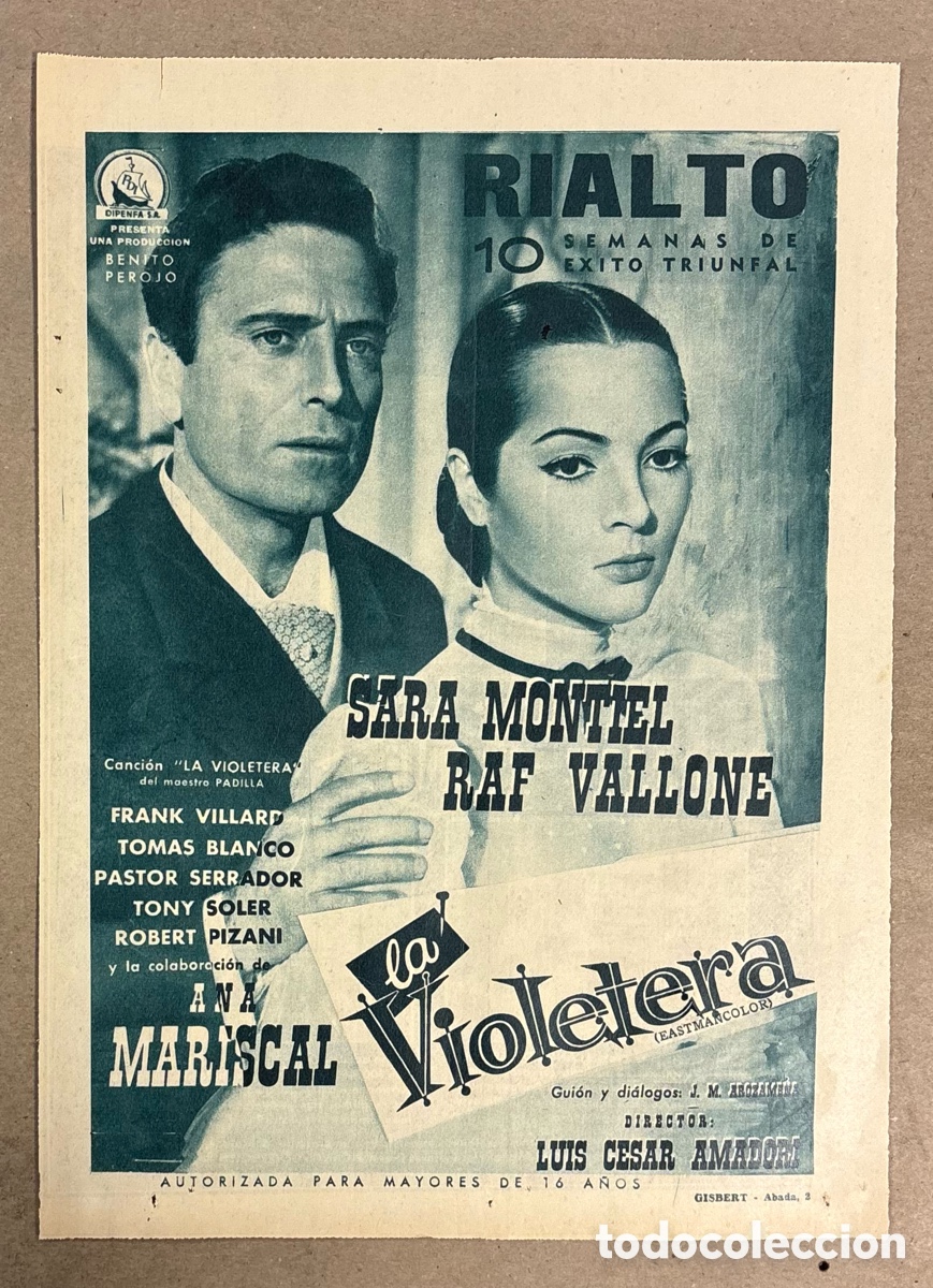 Otros art&iacute;culos de coleccionismo en papel: LA VIOLETERA (SARA MONTIEL, ANA MARISCAL). CARTEL PUBLICITARIO PERI&Oacute;DICO ABC DE 1958. RIALTO.