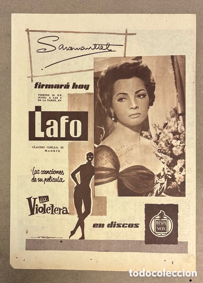 Otros art&iacute;culos de coleccionismo en papel: LA VIOLETERA (SARA MONTIE). CARTEL PUBLICITARIO FIRMA DE DISCOS PERI&Oacute;DICO ABC DE 1958. HISPAVOX