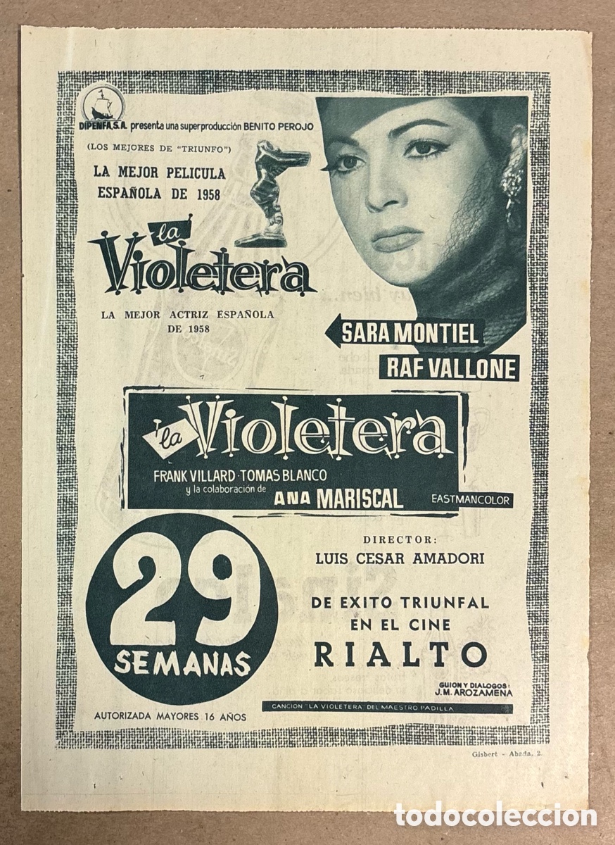 Otros art&iacute;culos de coleccionismo en papel: LA VIOLETERA (SARA MONTIEL, ANA MARISCAL). CARTEL PUBLICITARIO PERI&Oacute;DICO ABC DE 1958. RIALTO