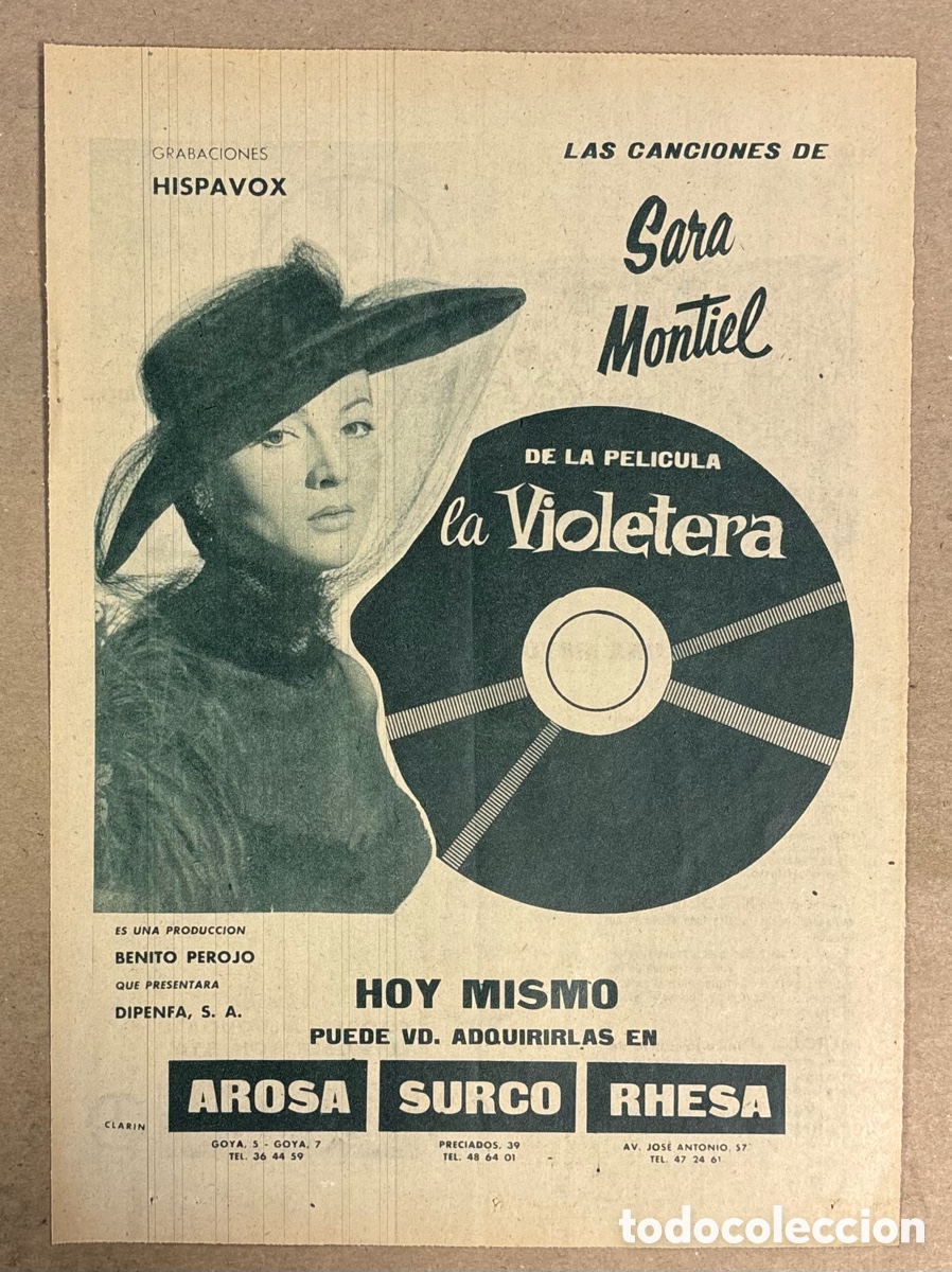Otros art&iacute;culos de coleccionismo en papel: LA VIOLETERA (SARA MONTIEL). CARTEL PUBLICITARIO BANDA SONORA PERI&Oacute;DICO ABC DE 1958. HISPAVOX.