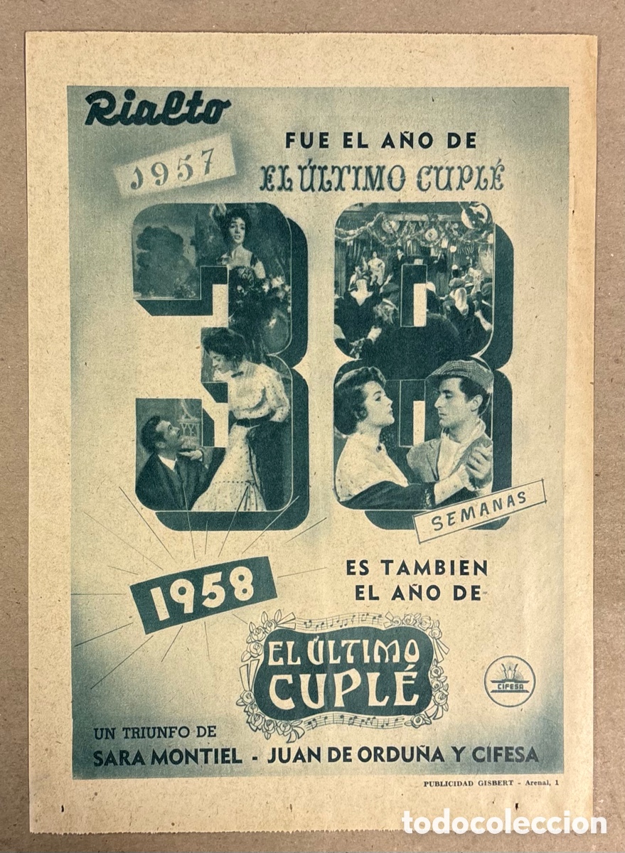 Otros art&iacute;culos de coleccionismo en papel: EL &Uacute;LTIMO CUPL&Eacute; (SARA MONTIEL). CARTEL PUBLICITARIO PEL&Iacute;CULA PERI&Oacute;DICO ABC DE 1958. RIALTO.