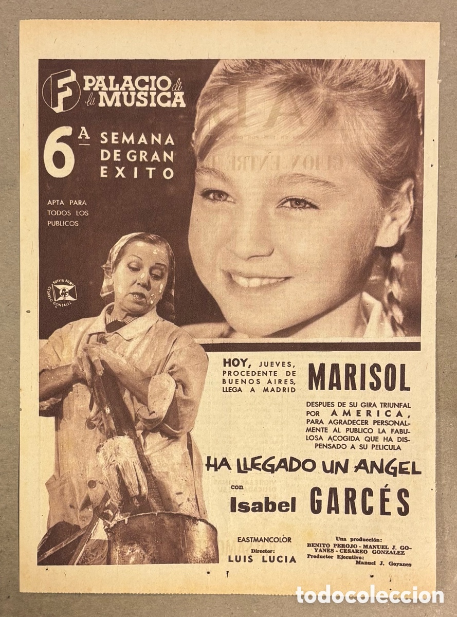 Otros art&iacute;culos de coleccionismo en papel: HA LLEGADO UN &Aacute;NGEL (MARISOL). CARTEL PUBLICITARIO PEL&Iacute;CULA PERI&Oacute;DICO ABC DE 1961.