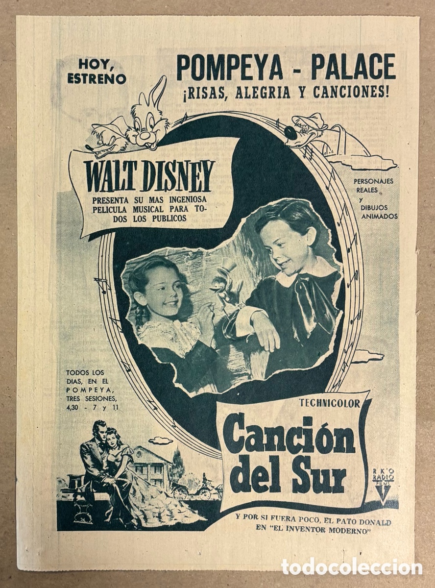 Otros art&iacute;culos de coleccionismo en papel: CANCI&Oacute;N DEL SUR (WALT DISNEY). CARTEL PUBLICITARIO PEL&Iacute;CULA PERI&Oacute;DICO ABC DE 1955.