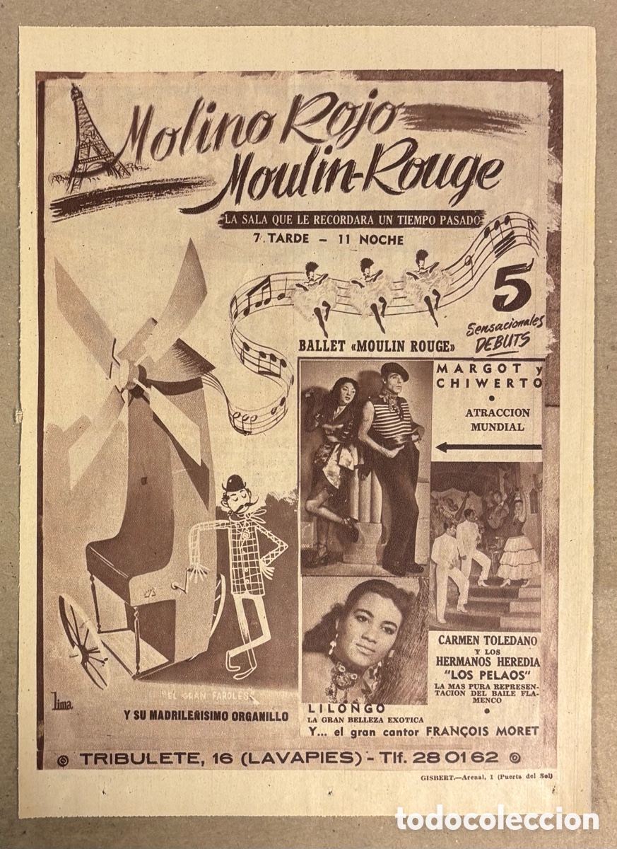 Otros art&iacute;culos de coleccionismo en papel: MOLINO ROJO - MOULIN ROUGE. CARTEL PUBLICITARIO ACTUACI&Oacute;N MARGOT Y CHIWERTO PERI&Oacute;DICO ABC A&Ntilde;OS 50