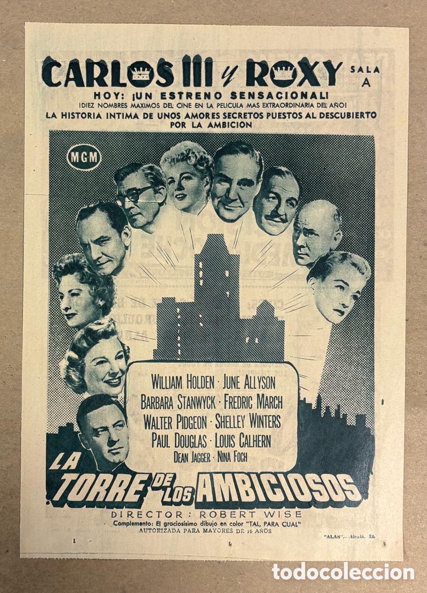 Otros art&iacute;culos de coleccionismo en papel: LA TORRE DE LOS AMBICIOSOS (BARBARA STANWYCK). CARTEL PUBLICITARIO PEL&Iacute;CULA PERI&Oacute;DICO ABC 1954.