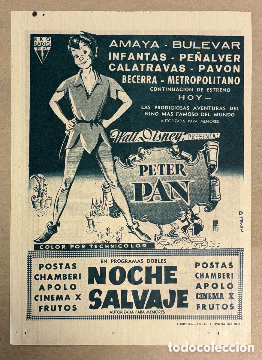 Otros art&iacute;culos de coleccionismo en papel: PETER PAN (WALT DISNEY). CARTEL PUBLICITARIO PEL&Iacute;CULA PERI&Oacute;DICO ABC 1954.