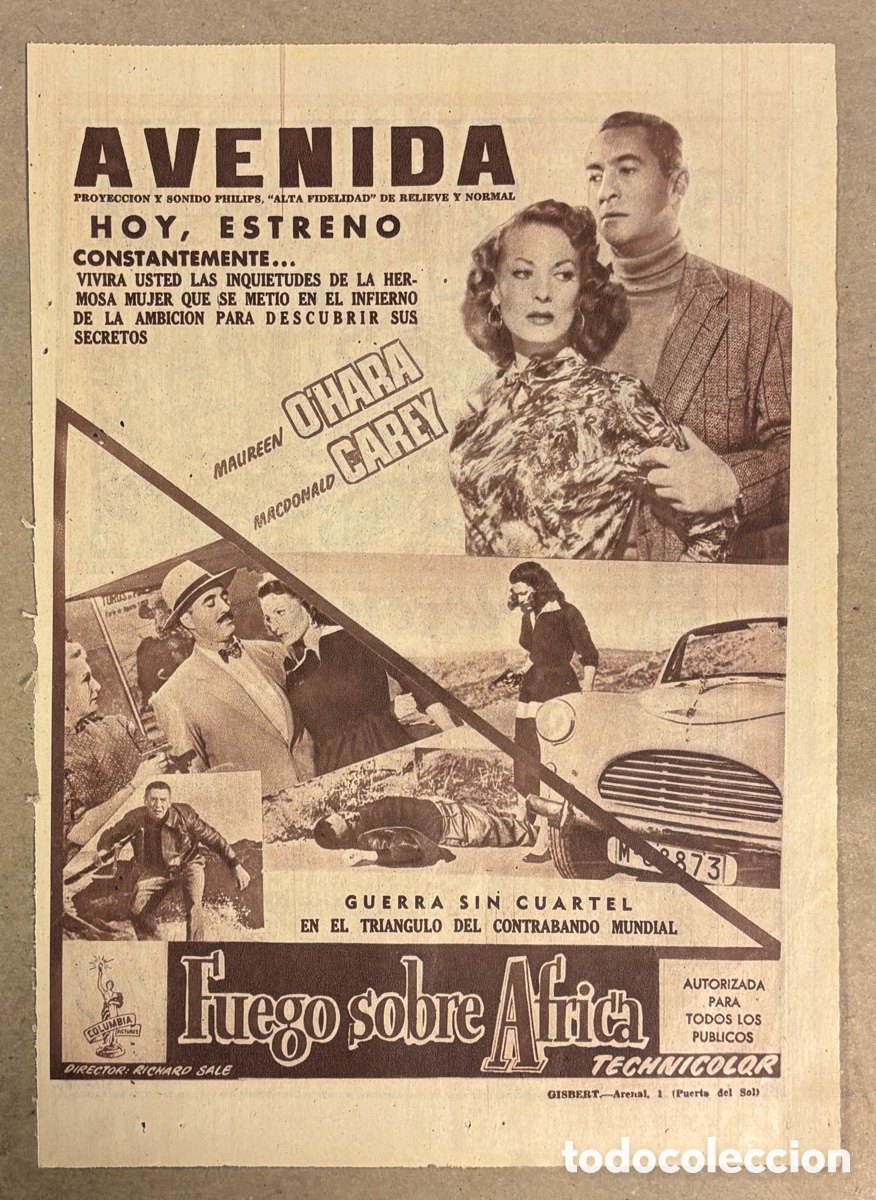 Otros art&iacute;culos de coleccionismo en papel: FUEGO SOBRE &Aacute;FRICA (MAUREEN O&rsquo;HARA). CARTEL PUBLICITARIO PEL&Iacute;CULA PERI&Oacute;DICO ABC 1954.