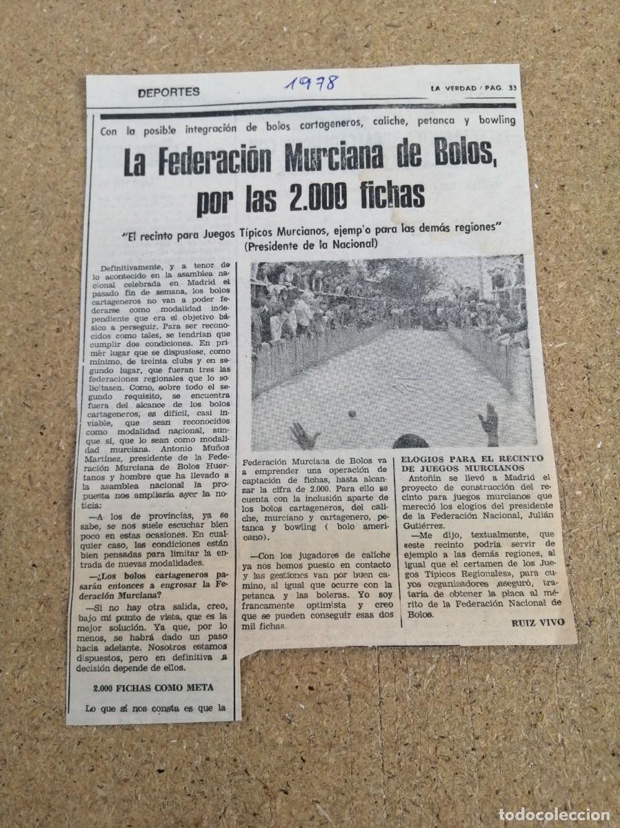 Otros art&iacute;culos de coleccionismo en papel: ARTICULO DEPORTIVO. LA FEDERACION MURCIANA DE BOLOS, POR LAS 2000 FICHAS (1978)