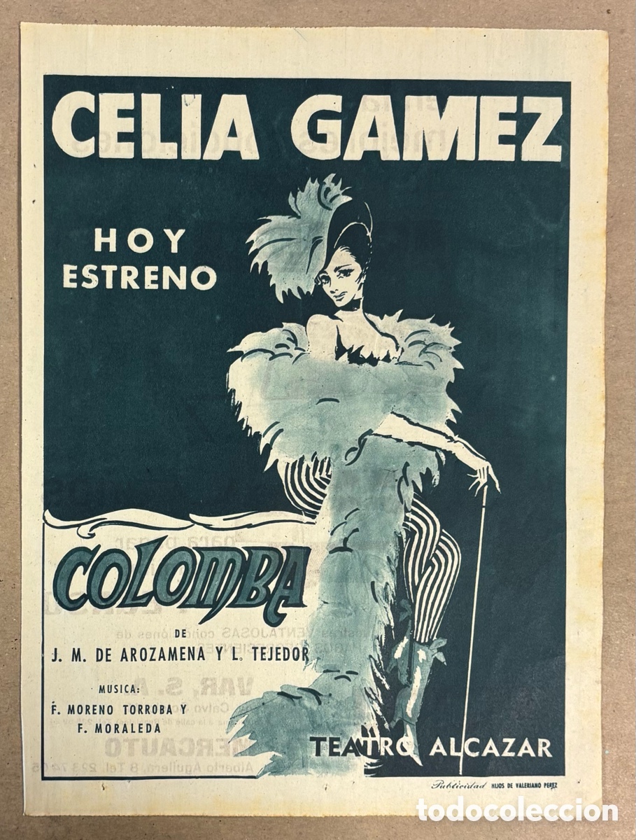 Otros art&iacute;culos de coleccionismo en papel: COLOMBA (CELIA G&Aacute;MEZ ). CARTEL PUBLICITARIO TEATRO ALC&Aacute;ZAR PERI&Oacute;DICO ABC A&Ntilde;O 1961
