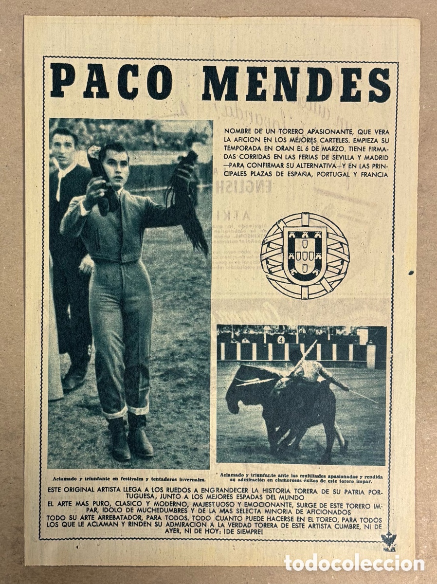 Otros art&iacute;culos de coleccionismo en papel: PACO MENDES. CARTEL PUBLICITARIO TORERO PERI&Oacute;DICO ABC A&Ntilde;O 1955.