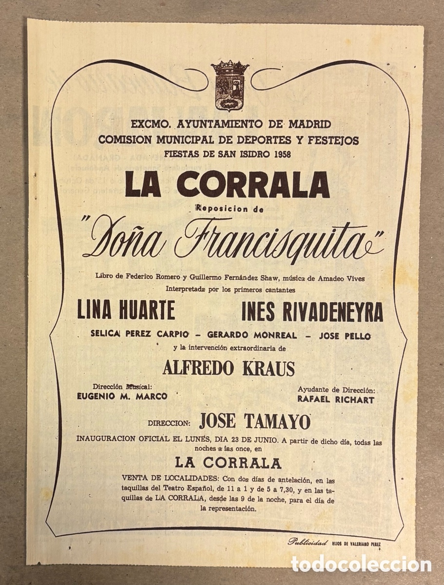 Otros art&iacute;culos de coleccionismo en papel: DO&Ntilde;A FRANCISQUITA (ALFREDO KRAUS). CARTEL PUBLICITARIO LA CORRALA PERI&Oacute;DICO ABC A&Ntilde;O 1958.