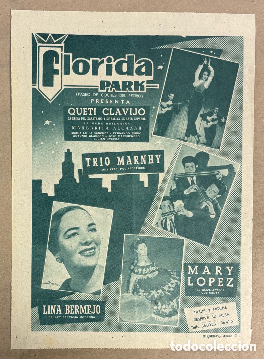 Otros art&iacute;culos de coleccionismo en papel: QUETI CLAVIJO , TRIO MARMHY. CARTEL PUBLICITARIO ACTUACI&Oacute;N FLORIDA PARK MADRID PERI&Oacute;DICO ABC