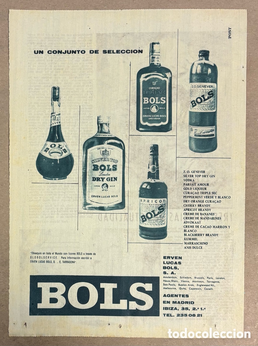 Otros art&iacute;culos de coleccionismo en papel: LICORES BOLS. ANUNCIO PUBLICITARIO PERI&Oacute;DICO ABC DE 1960.