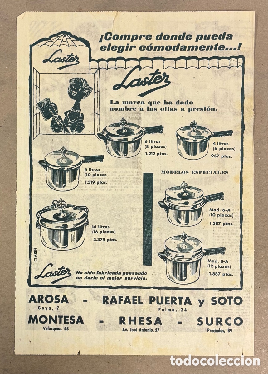 Otros art&iacute;culos de coleccionismo en papel: CAZUELAS LASTER. ANUNCIO PUBLICITARIO PERI&Oacute;DICO ABC A&Ntilde;OS 50,