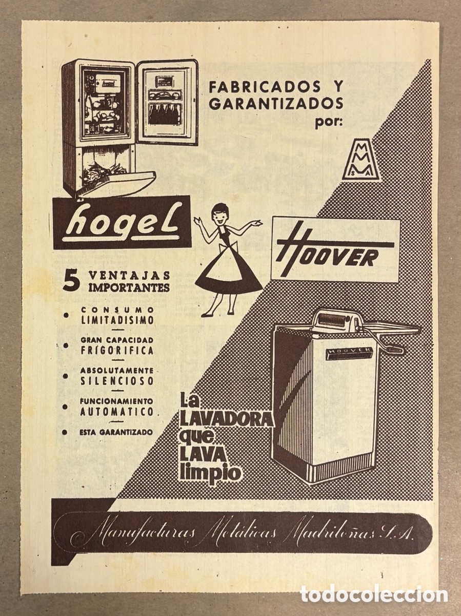 Otros art&iacute;culos de coleccionismo en papel: HOGEL HOOVER. ANUNCIO PUBLICITARIO PERI&Oacute;DICO ABC A&Ntilde;OS 50, MANUFACTURAS MET&Aacute;LICAS MADRILE&Ntilde;AS.