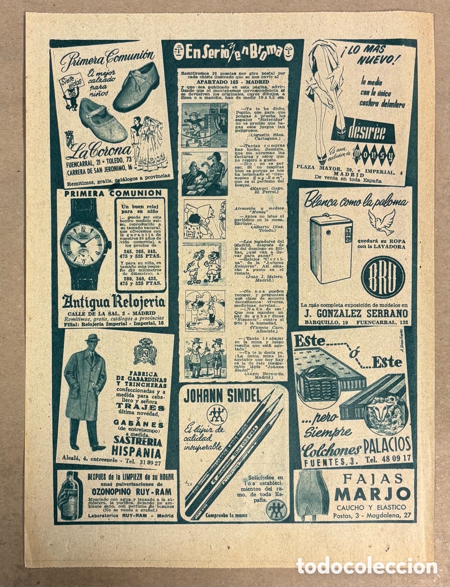 Otros art&iacute;culos de coleccionismo en papel: P&Aacute;GINA DE ANUNCIOS PUBLICITARIOS PERI&Oacute;DICO ABC A&Ntilde;OS 50. CALZADO LA CORONA, SASTRER&Iacute;A HISPANIA