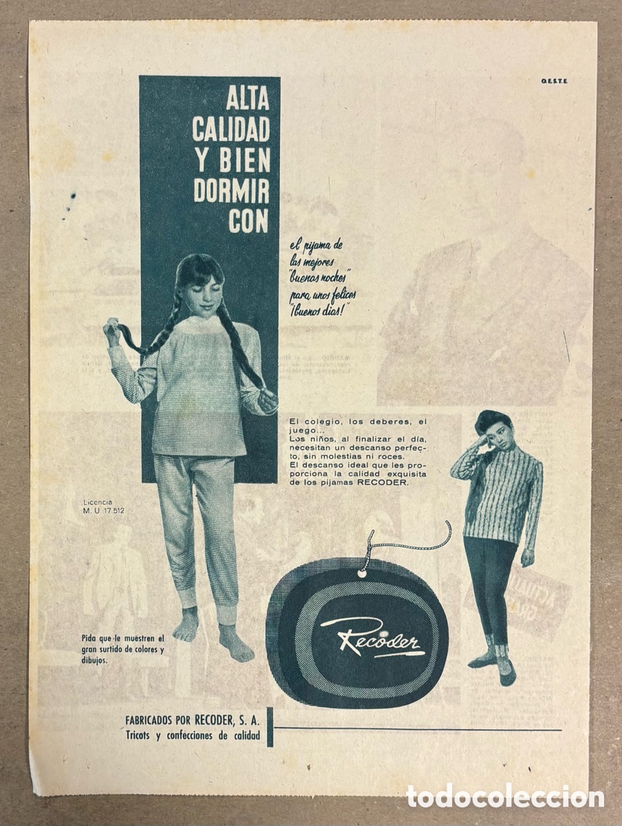 Otros art&iacute;culos de coleccionismo en papel: PIJAMAS RECODER. ANUNCIO PUBLICITARIO PERI&Oacute;DICO ABC A&Ntilde;OS 50.